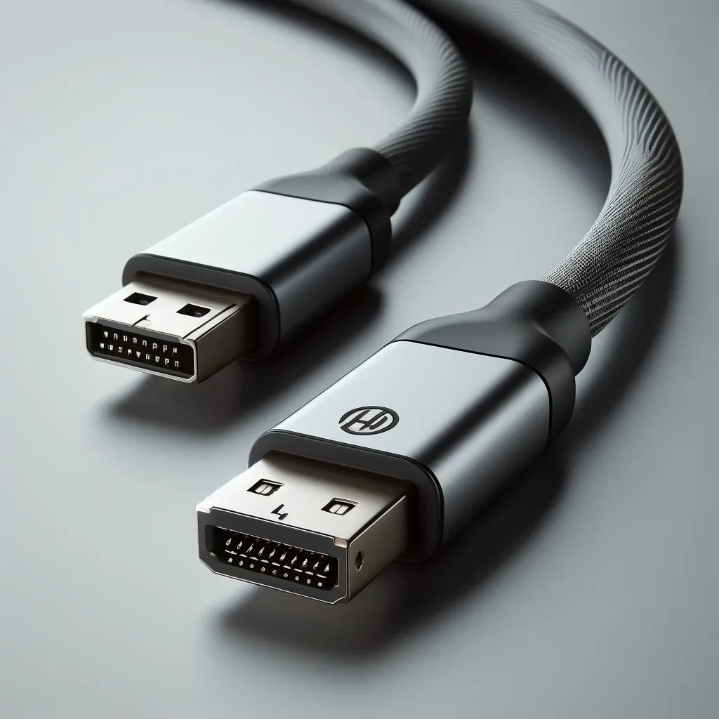 Câble DisplayPort en gros plan montrant des connecteurs de haute qualité et des détails précis, idéal pour la transmission vidéo haute définition.