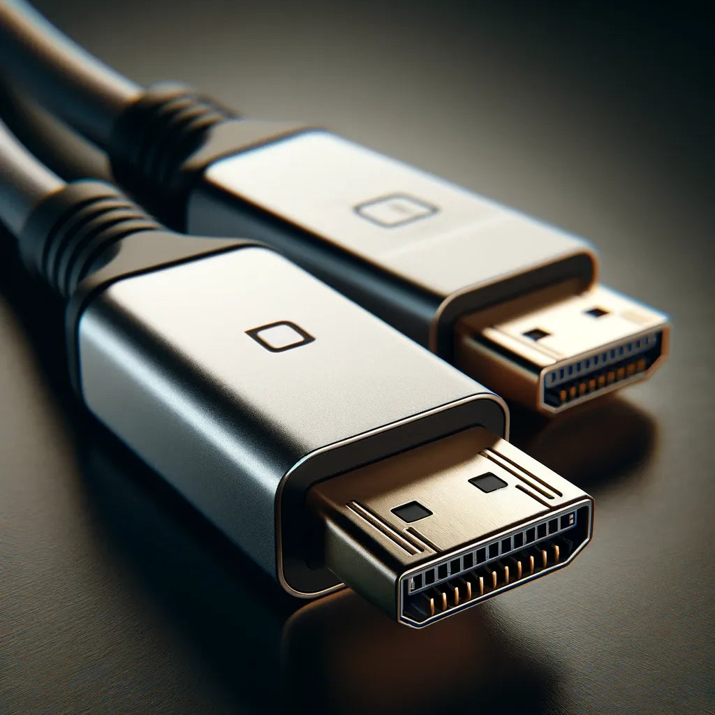 Détail précis d'un câble DisplayPort montrant les connecteurs métalliques et la texture du câble.