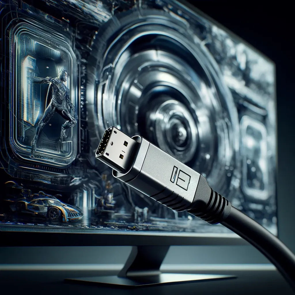 Photographie ultra-réaliste d'un câble DisplayPort connecté entre un moniteur haute définition et un ordinateur puissant, illustrant son rôle essentiel dans une expérience multimédia sans faille.
