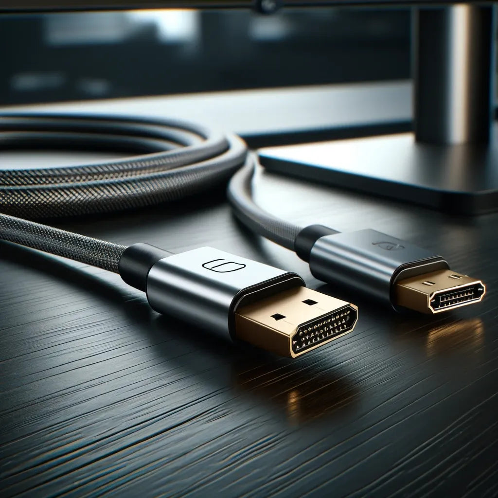Câble DisplayPort haute qualité connecté à un moniteur, essentiel pour une expérience multimédia exceptionnelle.